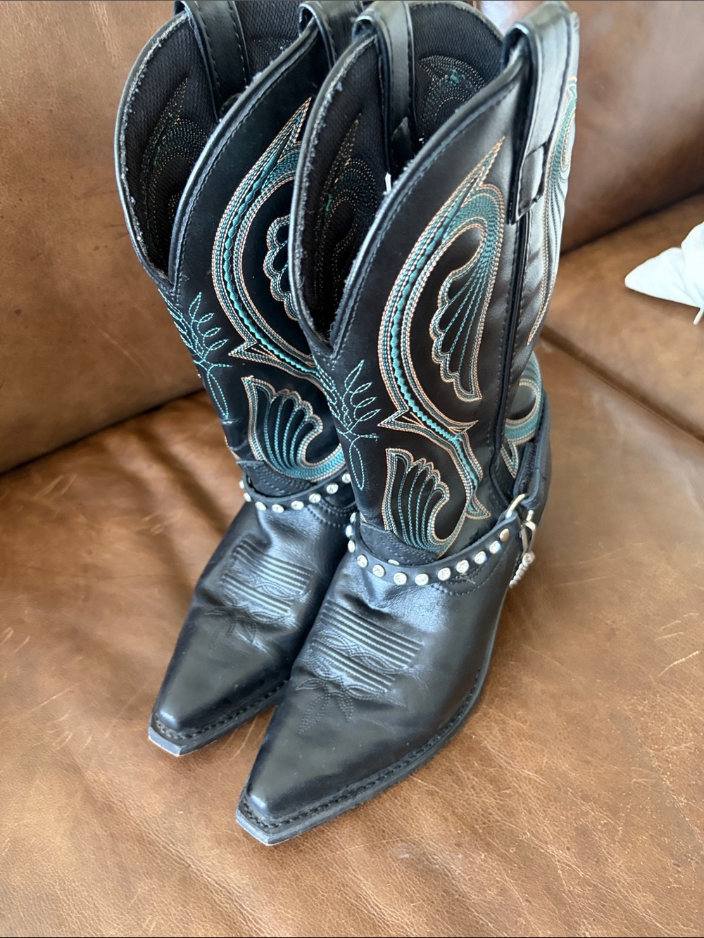 Laredo Women's Black Western Cowboy Boots with Teal Stitching - Picture 3 of 5